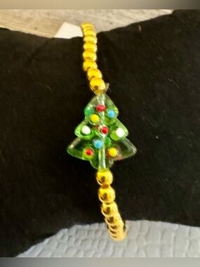 Gold Bead Stretch Bracelet with Green Christmas Tree Charm